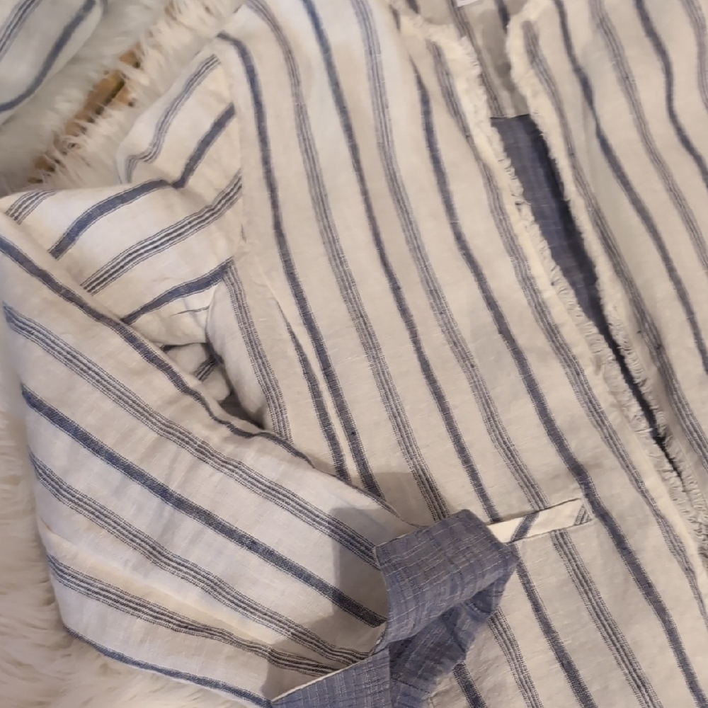 Chico's Navy and White Striped Linen Jacket - Picture 3 of 11